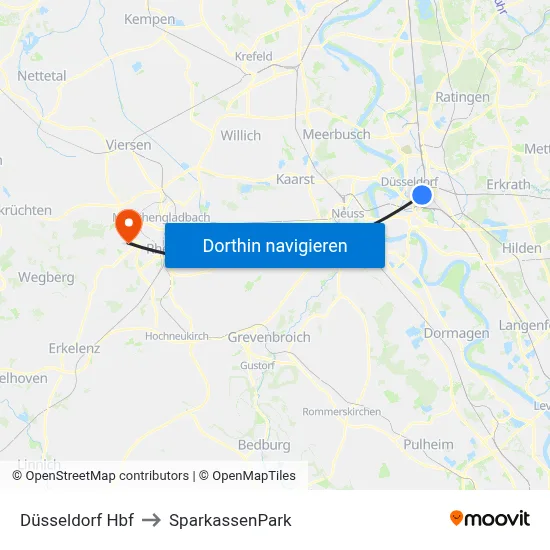 Düsseldorf Hbf to SparkassenPark map