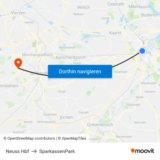 Neuss Hbf to SparkassenPark map