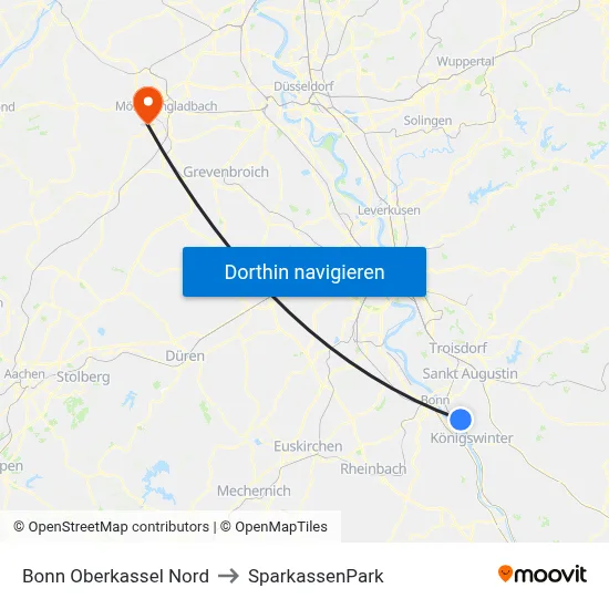 Bonn Oberkassel Nord to SparkassenPark map