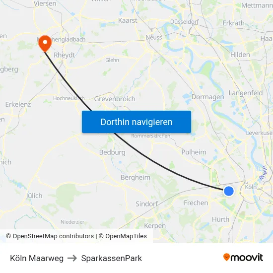 Köln Maarweg to SparkassenPark map