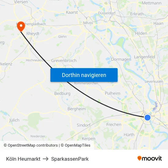 Köln Heumarkt to SparkassenPark map