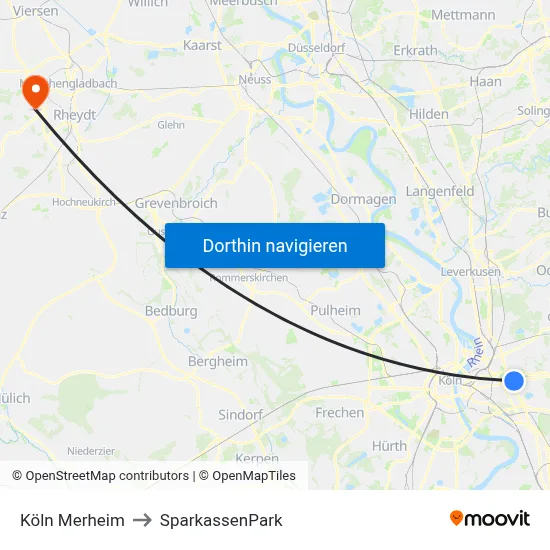 Köln Merheim to SparkassenPark map