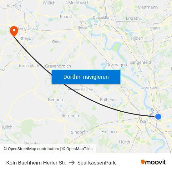 Köln Buchheim Herler Str. to SparkassenPark map
