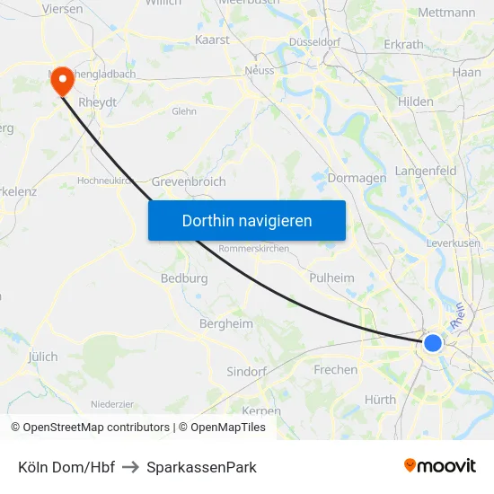 Köln Dom/Hbf to SparkassenPark map