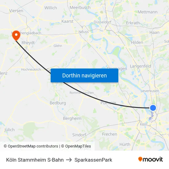 Köln Stammheim S-Bahn to SparkassenPark map