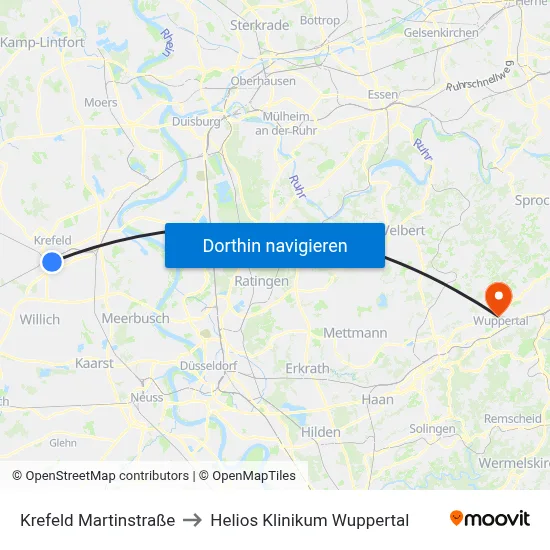 Krefeld Martinstraße to Helios Klinikum Wuppertal map