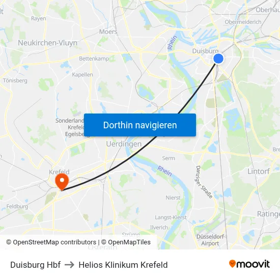 Duisburg Hbf to Helios Klinikum Krefeld map