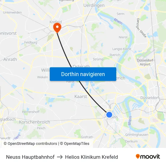 Neuss Hauptbahnhof to Helios Klinikum Krefeld map
