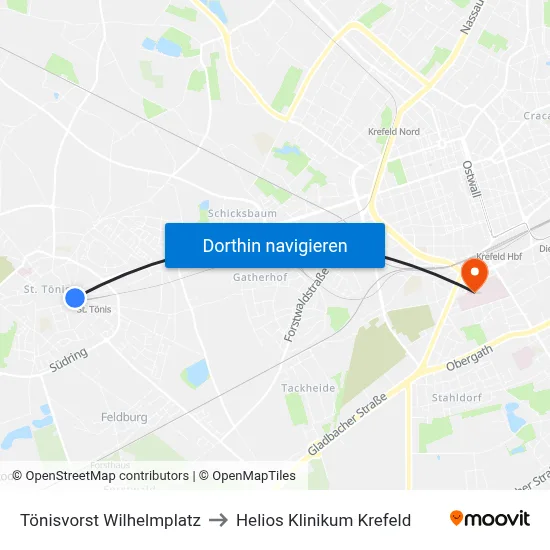 Tönisvorst Wilhelmplatz to Helios Klinikum Krefeld map