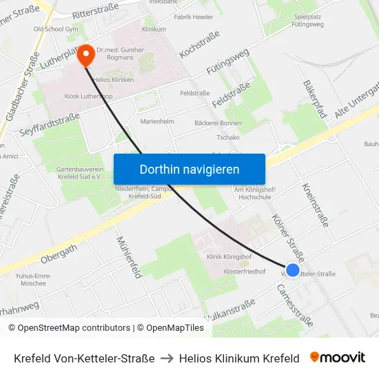 Krefeld Von-Ketteler-Straße to Helios Klinikum Krefeld map