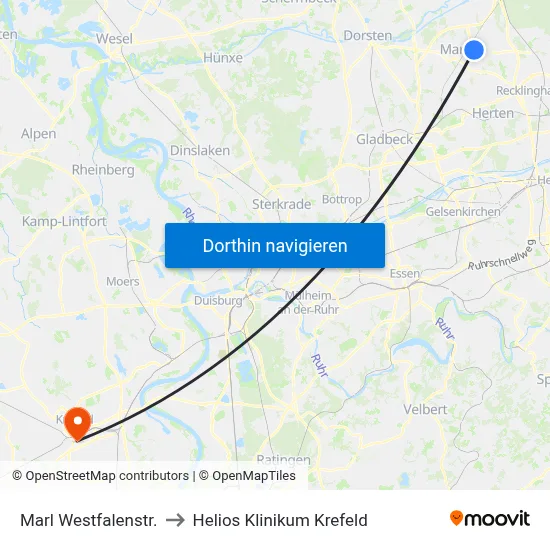 Marl Westfalenstr. to Helios Klinikum Krefeld map