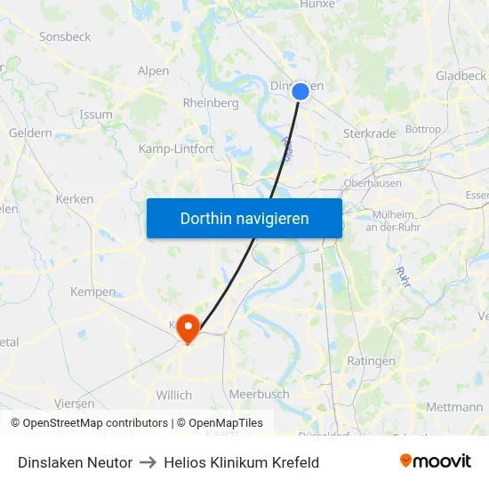Dinslaken Neutor to Helios Klinikum Krefeld map