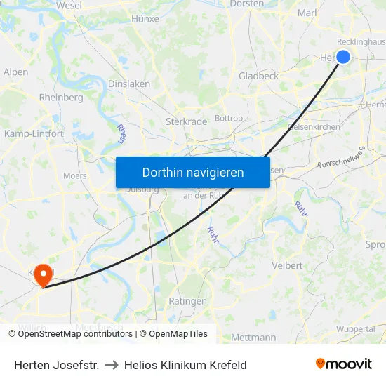 Herten Josefstr. to Helios Klinikum Krefeld map