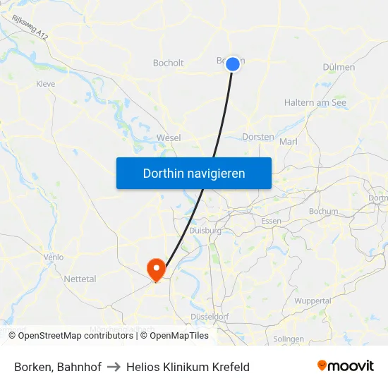 Borken, Bahnhof to Helios Klinikum Krefeld map