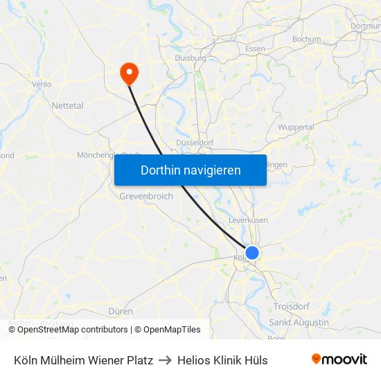 Köln Mülheim Wiener Platz to Helios Klinik Hüls map