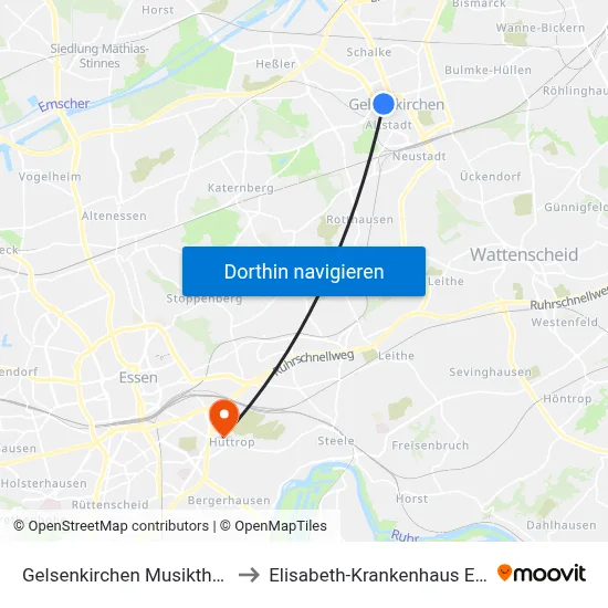 Gelsenkirchen Musiktheater to Elisabeth-Krankenhaus Essen map