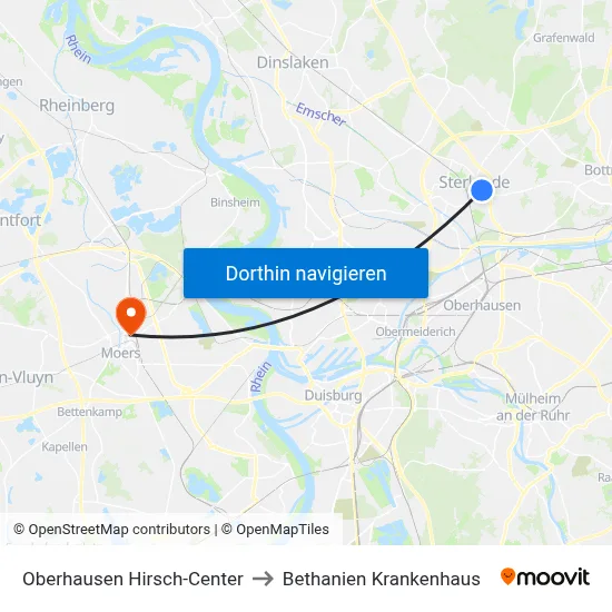 Oberhausen Hirsch-Center to Bethanien Krankenhaus map