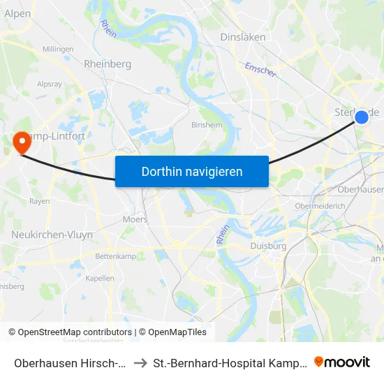 Oberhausen Hirsch-Center to St.-Bernhard-Hospital Kamp-Lintfort map