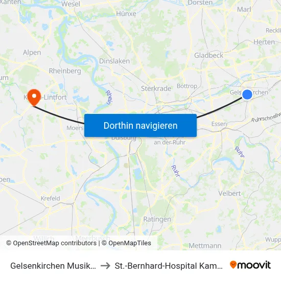 Gelsenkirchen Musiktheater to St.-Bernhard-Hospital Kamp-Lintfort map