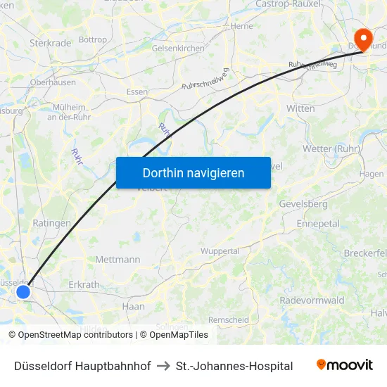 Düsseldorf Hauptbahnhof to St.-Johannes-Hospital map