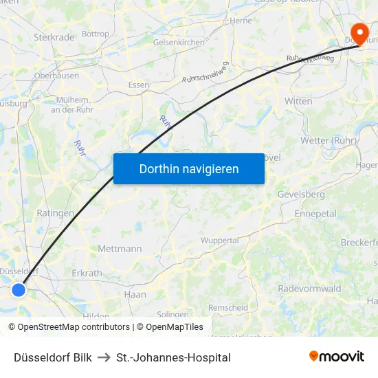 Düsseldorf Bilk to St.-Johannes-Hospital map