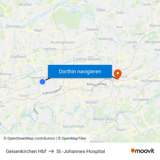 Gelsenkirchen Hbf to St.-Johannes-Hospital map