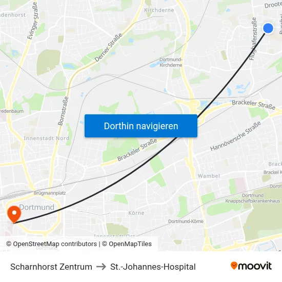 Scharnhorst Zentrum to St.-Johannes-Hospital map