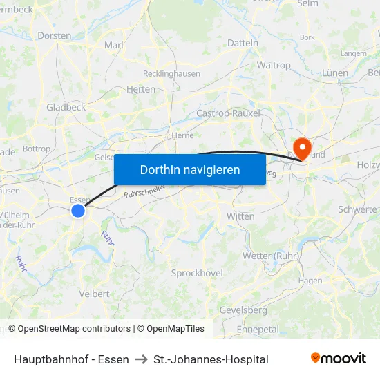 Hauptbahnhof - Essen to St.-Johannes-Hospital map