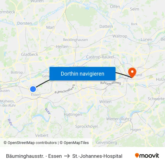 Bäuminghausstr. - Essen to St.-Johannes-Hospital map
