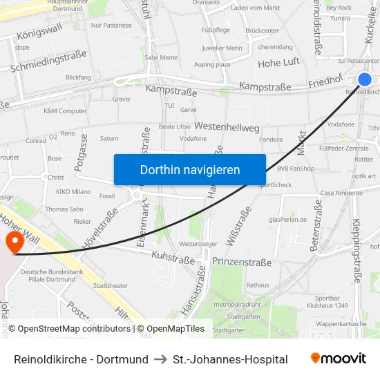 Reinoldikirche - Dortmund to St.-Johannes-Hospital map