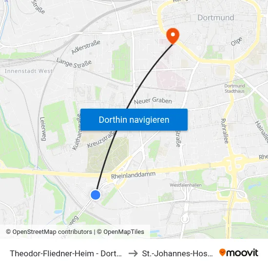 Theodor-Fliedner-Heim - Dortmund to St.-Johannes-Hospital map