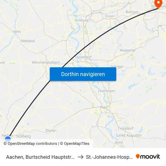 Aachen, Burtscheid Hauptstraße to St.-Johannes-Hospital map