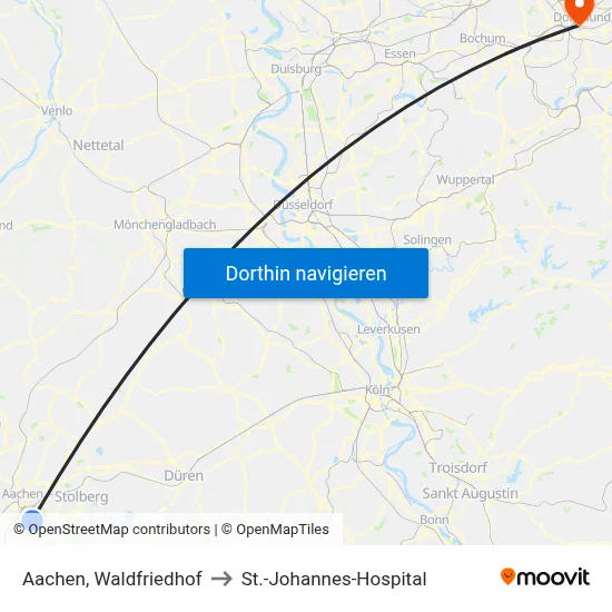 Aachen, Waldfriedhof to St.-Johannes-Hospital map