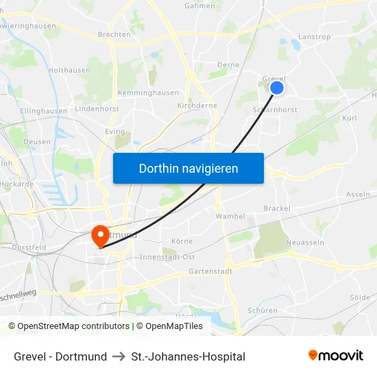 Grevel - Dortmund to St.-Johannes-Hospital map