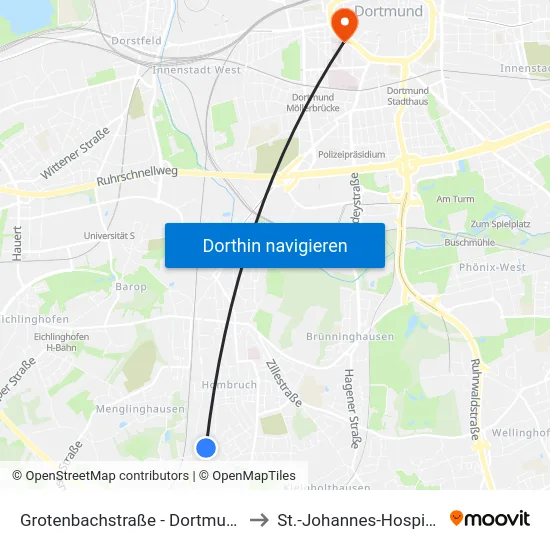 Grotenbachstraße - Dortmund to St.-Johannes-Hospital map