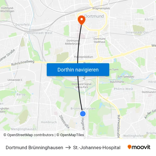 Dortmund Brünninghausen to St.-Johannes-Hospital map