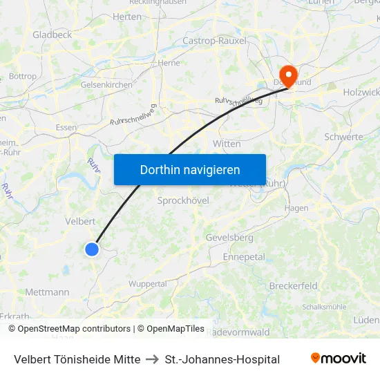Velbert Tönisheide Mitte to St.-Johannes-Hospital map