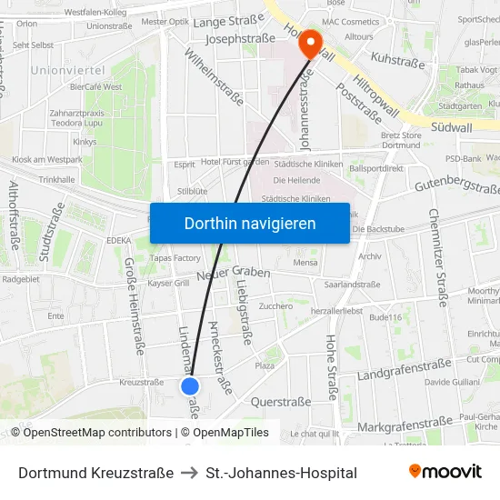 Dortmund Kreuzstraße to St.-Johannes-Hospital map