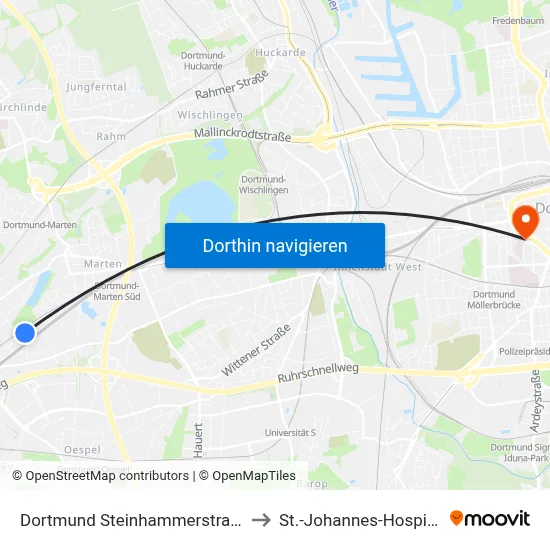 Dortmund Steinhammerstraße to St.-Johannes-Hospital map
