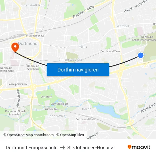 Dortmund Europaschule to St.-Johannes-Hospital map