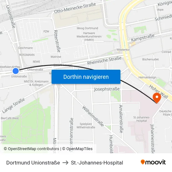 Dortmund Unionstraße to St.-Johannes-Hospital map