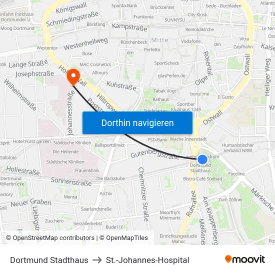 Dortmund Stadthaus to St.-Johannes-Hospital map