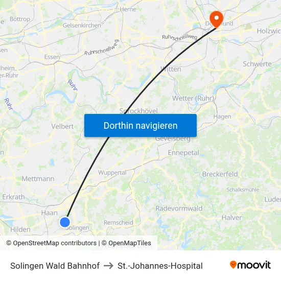 Solingen Wald Bahnhof to St.-Johannes-Hospital map