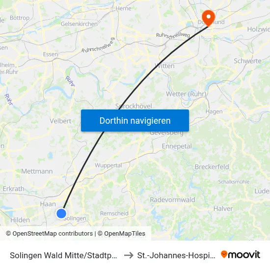 Solingen Wald Mitte/Stadtpark to St.-Johannes-Hospital map