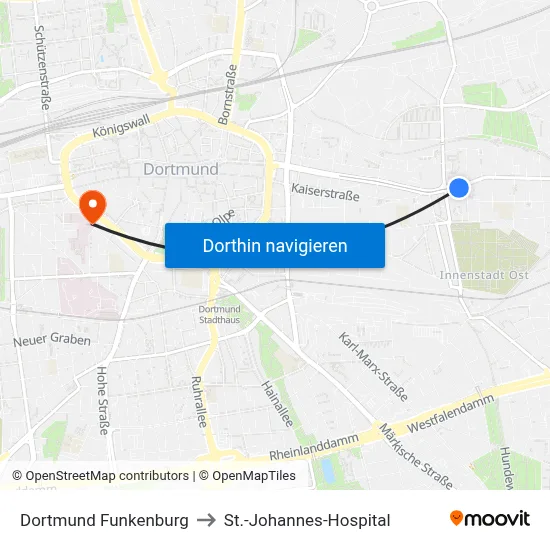 Dortmund Funkenburg to St.-Johannes-Hospital map