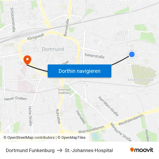 Dortmund Funkenburg to St.-Johannes-Hospital map