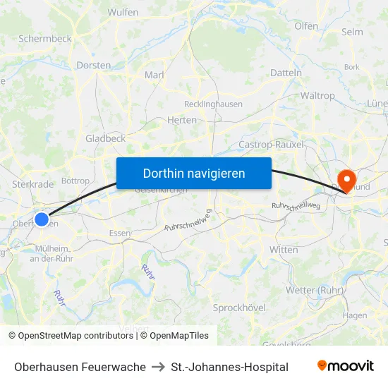 Oberhausen Feuerwache to St.-Johannes-Hospital map