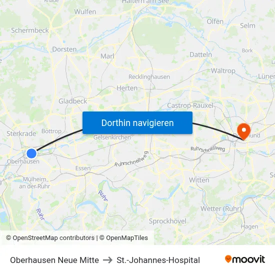 Oberhausen Neue Mitte to St.-Johannes-Hospital map