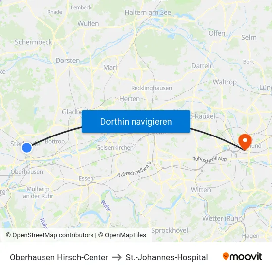 Oberhausen Hirsch-Center to St.-Johannes-Hospital map