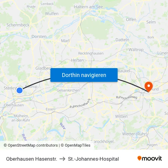 Oberhausen Hasenstr. to St.-Johannes-Hospital map
